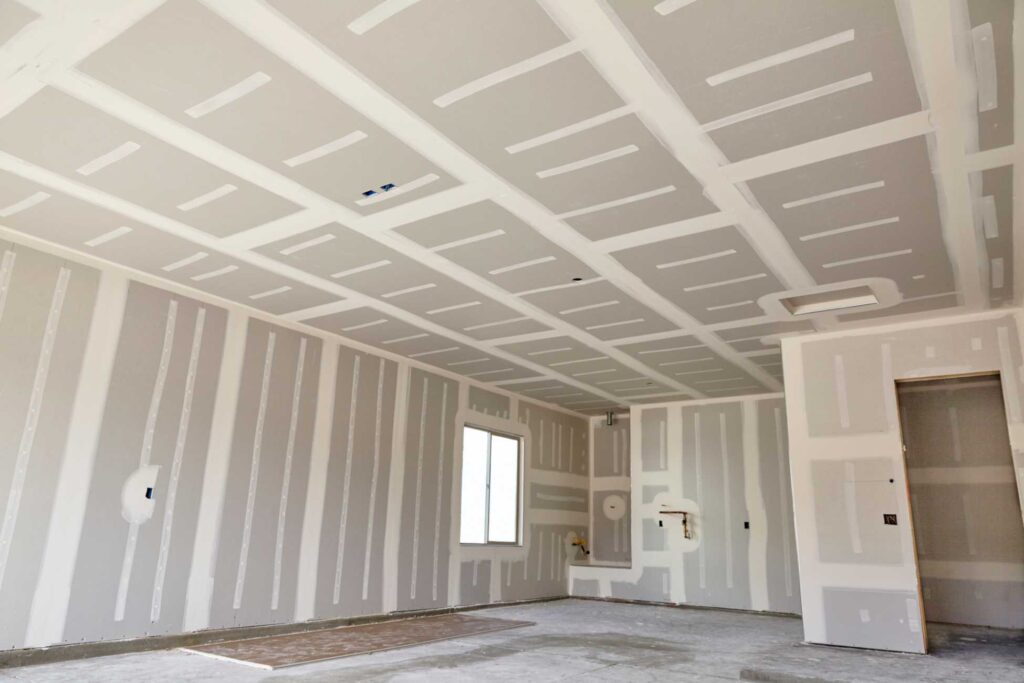 New home construction interior with drywall finishing